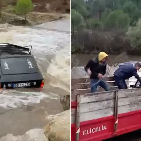 Aydın'da sel sularına kapılan otomobildekiler son anda böyle kurtarıldı
