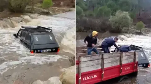 Aydın'da sel sularına kapılan otomobildekiler son anda böyle kurtarıldı
