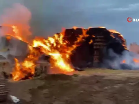 Yıldırım samanlara isabet etti: 500 ton balya yandı