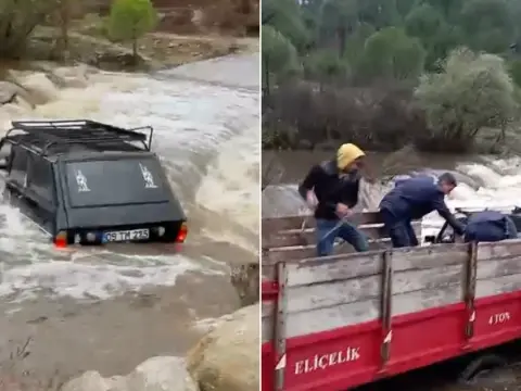 Aydın'da sel sularına kapılan otomobildekiler son anda böyle kurtarıldı