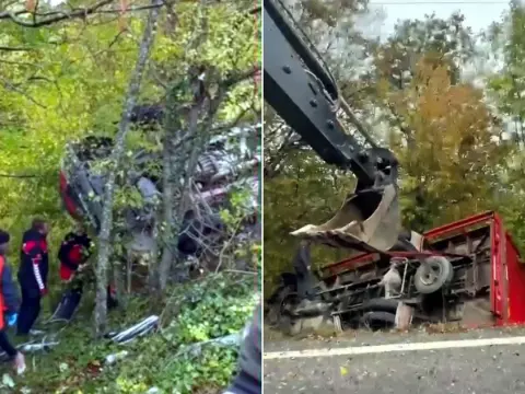Demirköy'de feci kaza! Ağaçlık alana devrilen kamyon hurdaya döndü: Bir can kaybı, bir yaralı