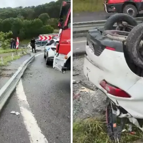 Eyüpsultan'da feci kaza! Bariyerleri aşan otomobil takla attı: Üç yaralı