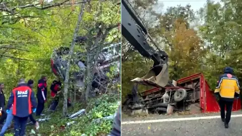 Demirköy'de feci kaza! Ağaçlık alana devrilen kamyon hurdaya döndü: Bir can kaybı, bir yaralı