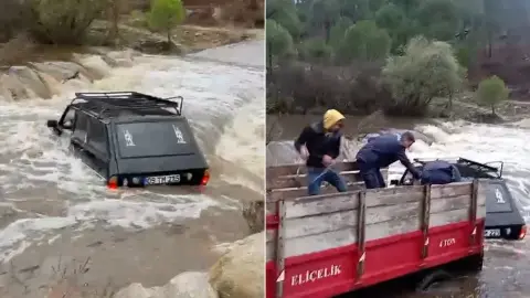 Aydın'da sel sularına kapılan otomobildekiler son anda böyle kurtarıldı