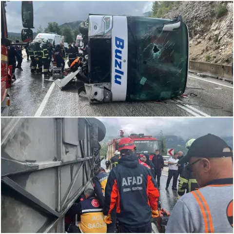 Isparta-Antalya kara yolunda yolcu otobüsü devrildi: 1 ölü, 7 yaralı