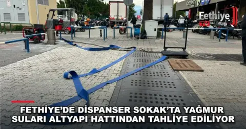 Fethiye’de Dispanser Sokak’ta Yağmur Suları Altyapı Hattından Tahliye Ediliyor