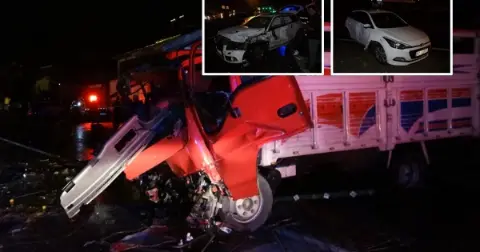 Karşı şeride geçen kamyon 2 otomobili hurdaya çevirdi